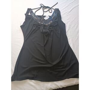 Dots Black Beaded Halter Top Keyhole Neckline Blouse Size Large NEW